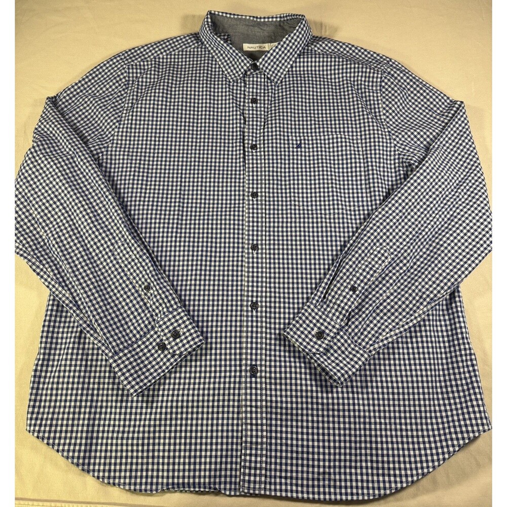 Nautica 2XL Mens Button Up Gingham Shirt Long Sleeve 100% Cotton Casual Preppy